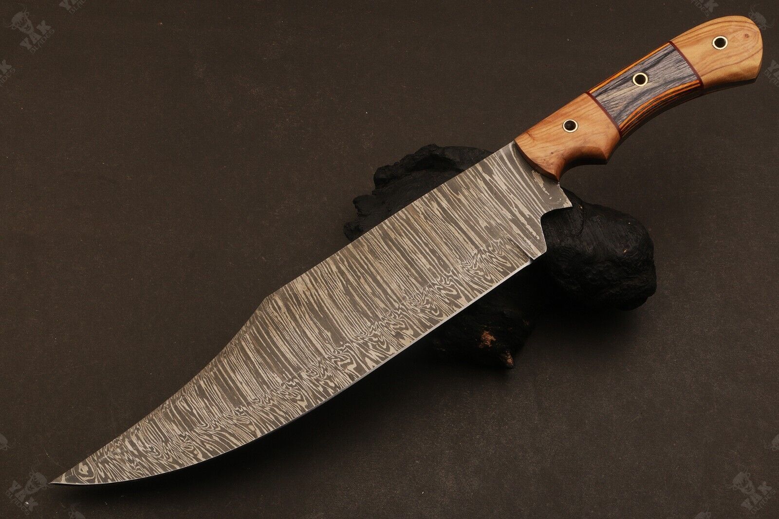 Heritage Forge 15 Inch Fire Damascus Steel Bowie Knife with Wood Handle for Hunting and Camping