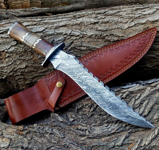 Heritage Forge 15 Inch Full Tang Damascus Steel Bowie Knife with Wood and Stag Handle and Leather Sheath
