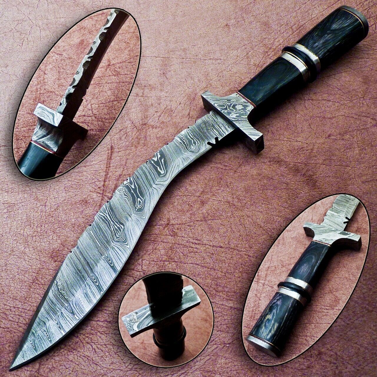 Heritage Forge 15 Inch Handmade Damascus Kukri Knife with Hardwood Handle for Hunting and Camping