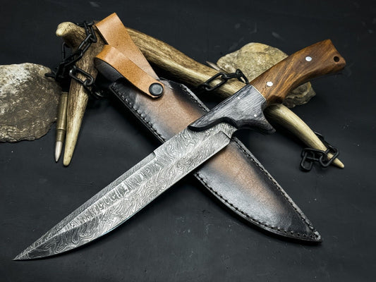 Heritage Forge 15 Inch Handmade Damascus Steel Bowie Hunting Knife Wood Handle