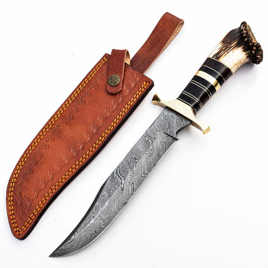 Heritage Forge 15 Inch Handmade Damascus Steel Bowie Knife with Stag Antler Handle – Full Tang Hunting & Survival Knife