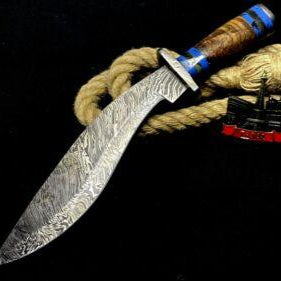 Heritage Forge 15 Inch Handmade Damascus Steel Kukri Bowie Knife with Wingy Wood Handle and Leather Sheath
