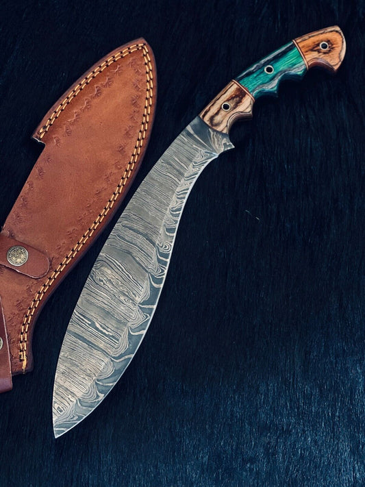 Heritage Forge 15 Inch Ladder Damascus Kukri Knife with Camel Bone and Wood Handle