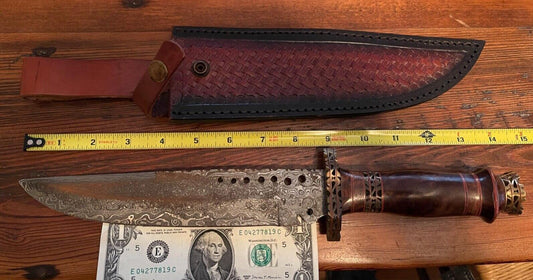 Heritage Forge 15 Inch Vintage Damascus Steel Bowie Knife with Wood Handle and Brass Guard