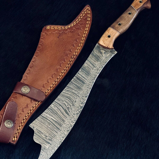 Heritage Forge 16.5 Inch Fire Damascus Steel Machete Knife with Camel Bone and Wood Handle