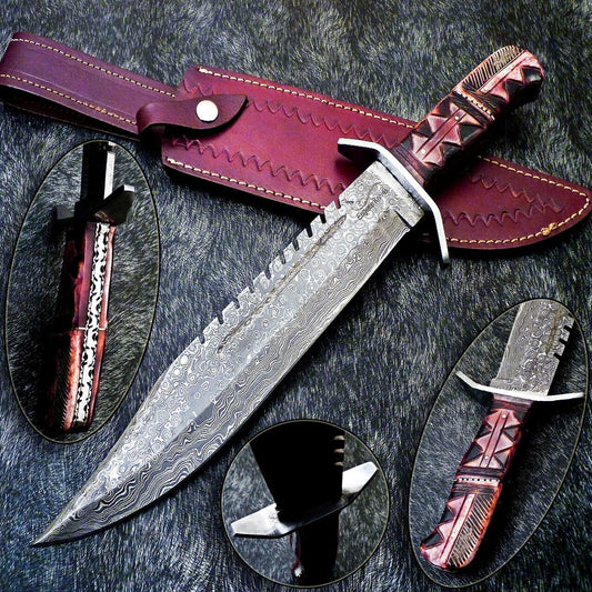 Heritage Forge 16" Handmade Damascus Steel Hunting Knife Camel Bone Handle