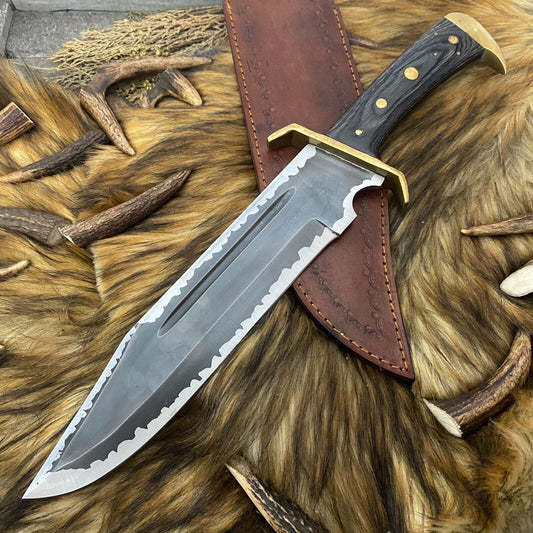 Heritage Forge 16 Inch Carbon Steel Bowie Knife with Fired Bone Handle for Hunting and Survival