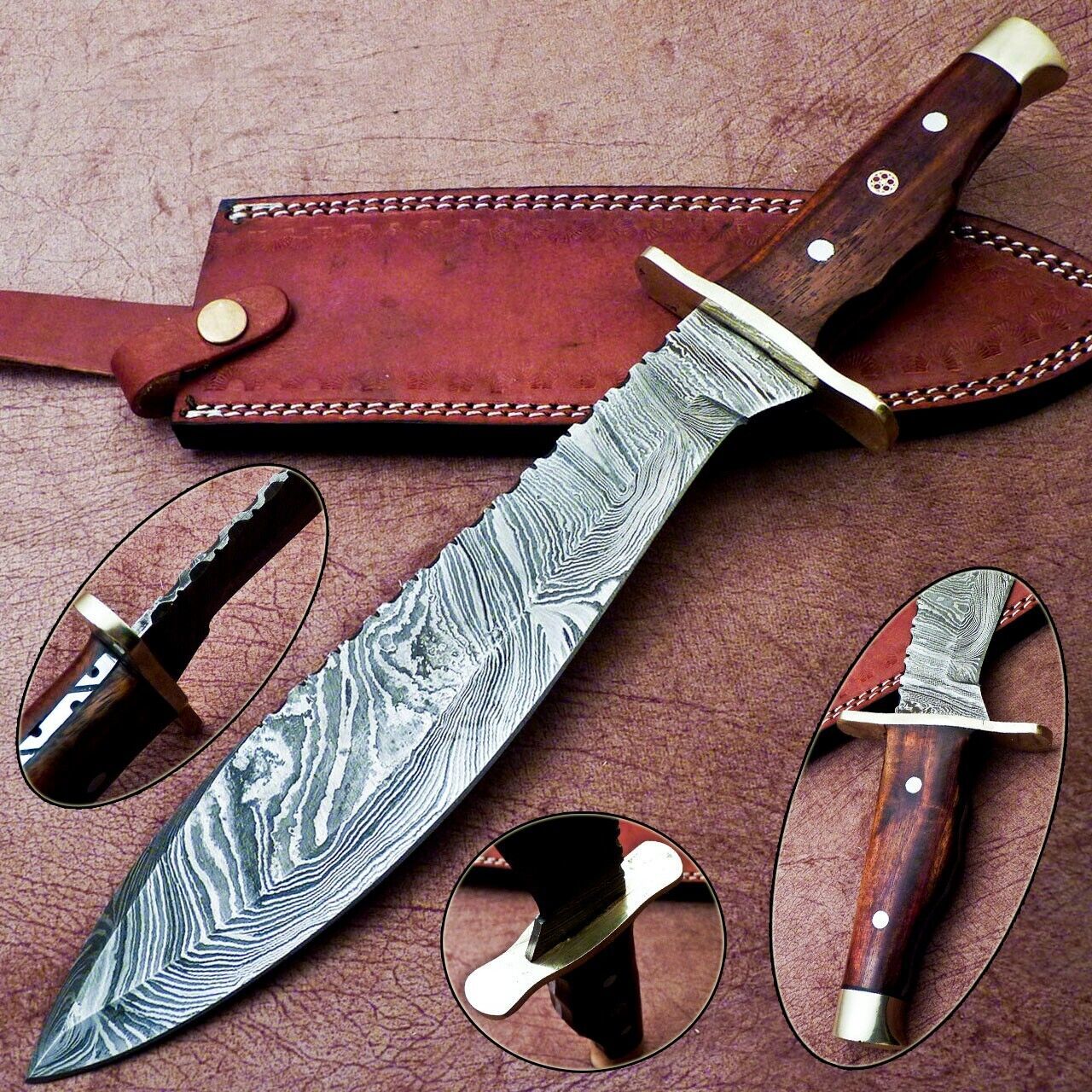 Heritage Forge 16 Inch Damascus Hunting Bowie Knife with Natural Wood Handle and Leather Sheath