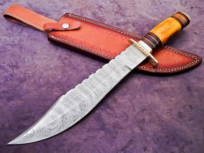 Heritage Forge 16 Inch Damascus Steel Bowie Knife with Camel Bone and Hardwood Handle