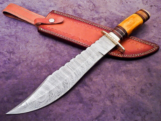 Heritage Forge 16 Inch Damascus Steel Bowie Knife with Camel Bone and Hardwood Handle