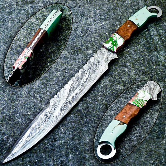 Heritage Forge 16 Inch Damascus Steel Bowie Knife with Resin Handle and Leather Sheath