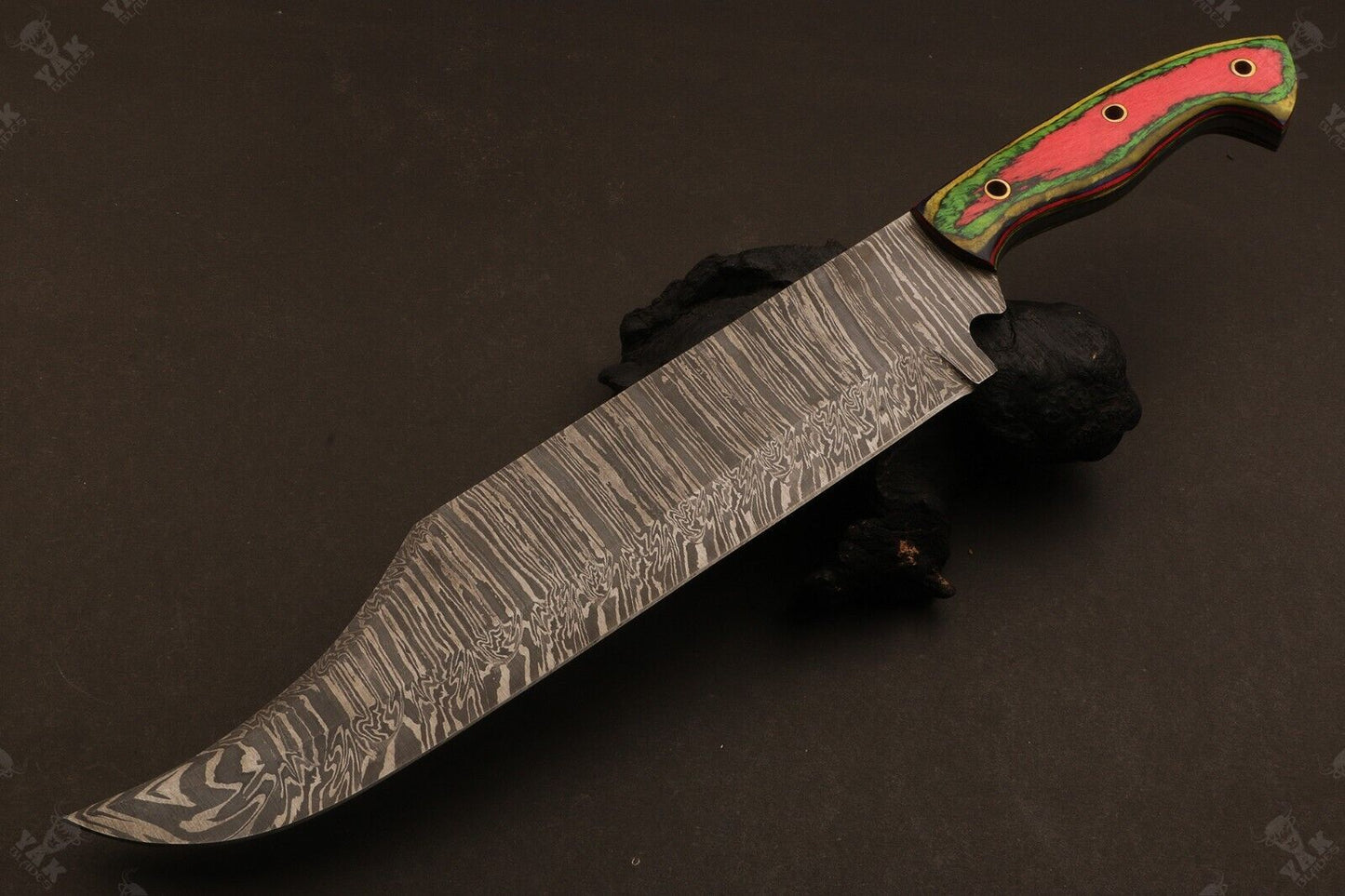 Heritage Forge 16 Inch Damascus Steel Bowie Knife with Wood Handle for Camping and Hunting
