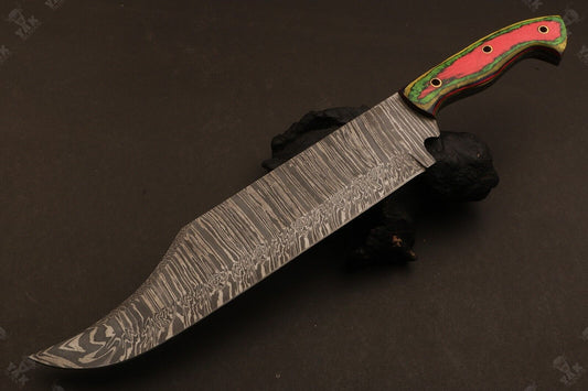 Heritage Forge 16 Inch Damascus Steel Bowie Knife with Wood Handle for Camping and Hunting