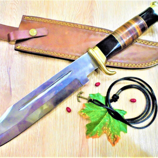 Heritage Forge 16 Inch Handmade Damascus Bowie Knife | Bull Horn Wood Handle Bowie for Hunting and Camping