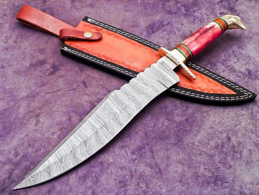 Heritage Forge 16 Inch Handmade Damascus Bowie Knife with Camel Bone and Hardwood Handle

