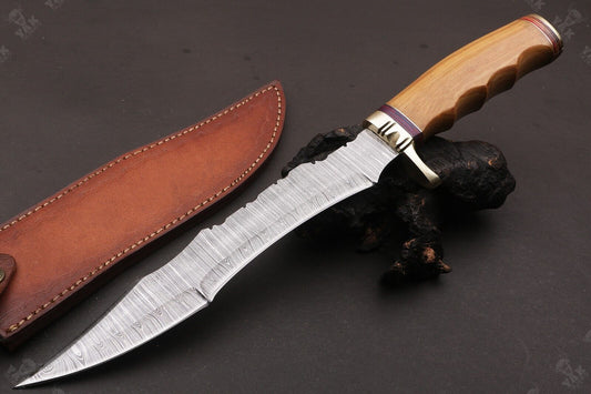 Heritage Forge 16 Inch Twist Damascus Bowie Knife with Camel Bone and Wood Handle for Hunting and Camping