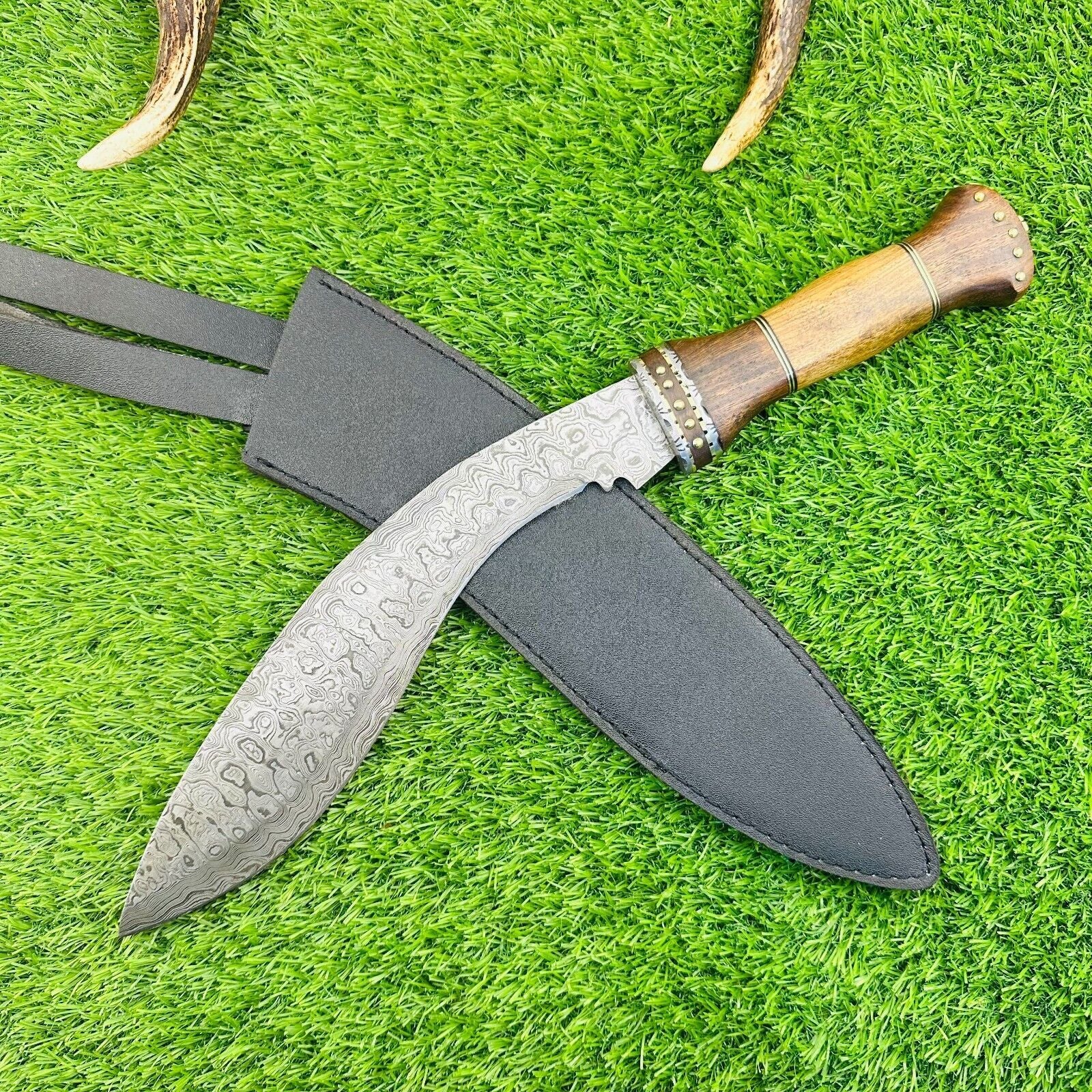 Heritage Forge 17.5" Damascus Kukri Bowie Knife with Wood Handle and Brass Spacers