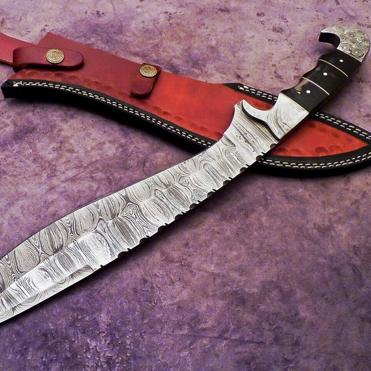 Heritage Forge 17 Inch Damascus Steel Bowie Knife with Buffalo Horn Handle and Leather Sheath