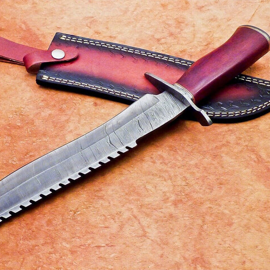 Heritage Forge 17 Inch Handmade Damascus Steel Bowie Hunting Knife with Wood Handle