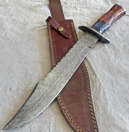 Heritage Forge 18 Inch Handmade Damascus Bowie Knife with Bone Handle for Hunting and Survival