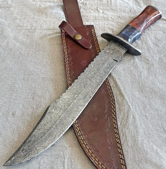 Heritage Forge 18 Inch Handmade Damascus Bowie Knife with Bone Handle for Hunting and Survival