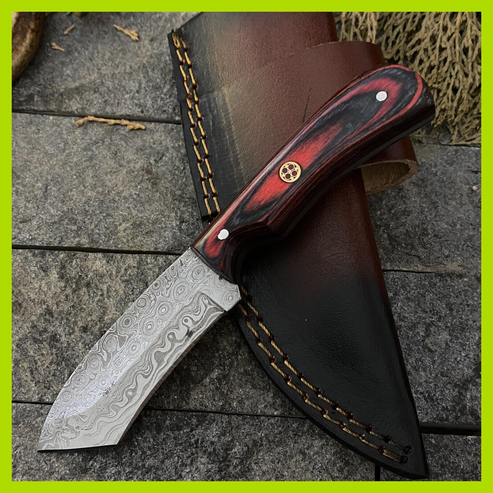 Heritage Forge 6.5 Inch Damascus Steel Skinner Knife with Wood Handle and Leather Sheath