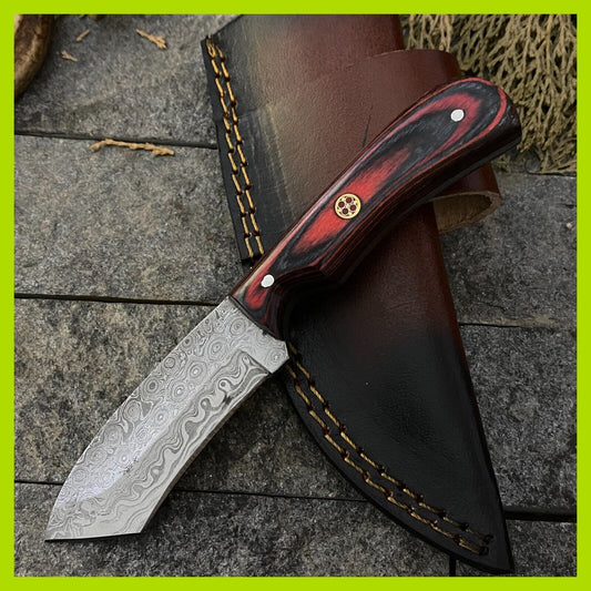 Heritage Forge 6.5 Inch Damascus Steel Skinner Knife with Wood Handle and Leather Sheath