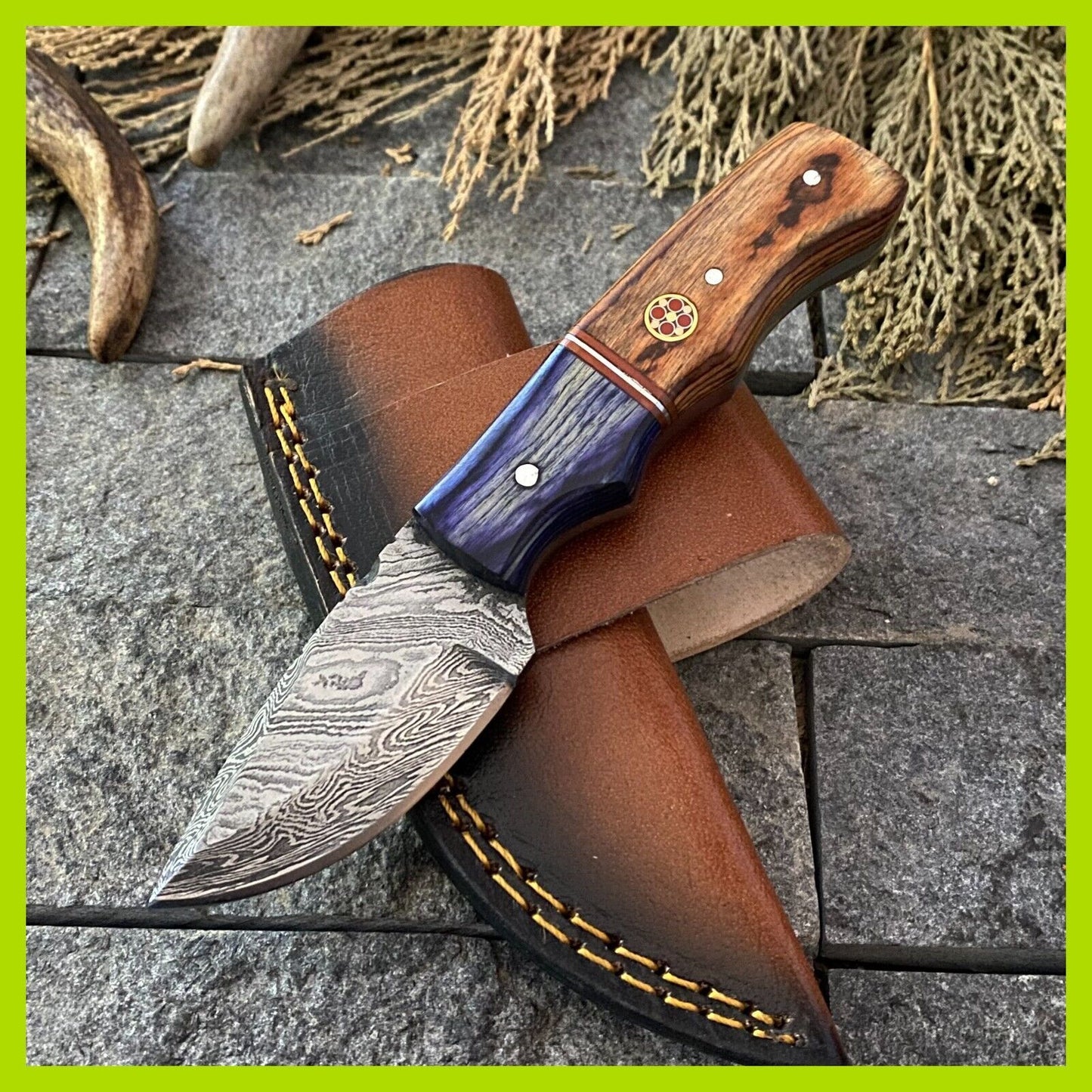 Heritage Forge 6 Inch Damascus Steel Skinner Hunting Knife with Wood Handle and Leather Sheath