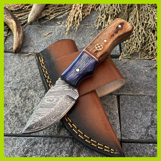 Heritage Forge 6 Inch Damascus Steel Skinner Hunting Knife with Wood Handle and Leather Sheath