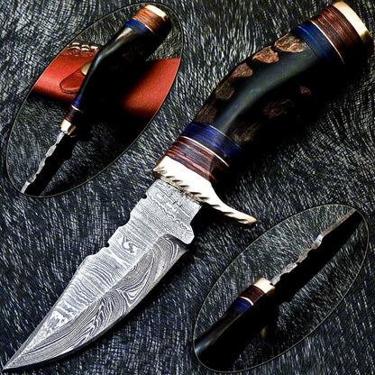 Heritage Forge 6 Inch Handmade Damascus Steel Hunting Knife with Ram Horn and Wood Handle