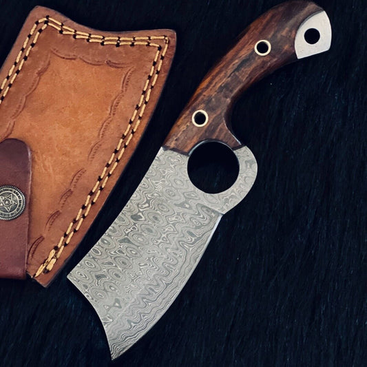 Heritage Forge 7 Inch Custom Damascus Cleaver Knife with Wood Handle