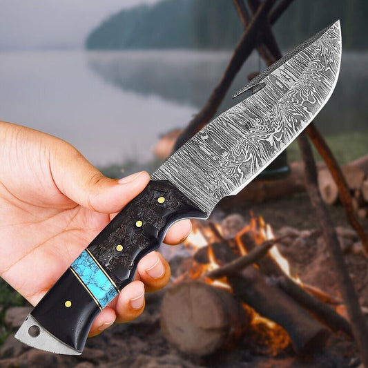Heritage Forge 8.3 Inch Damascus Tactical Bowie Knife with Micarta Handle and Leather Sheath for Hunting and Camping