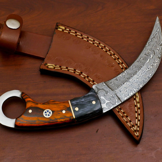 Heritage Forge 8.5 Inch Damascus Karambit Dagger Knife with Pakka Wood Handle