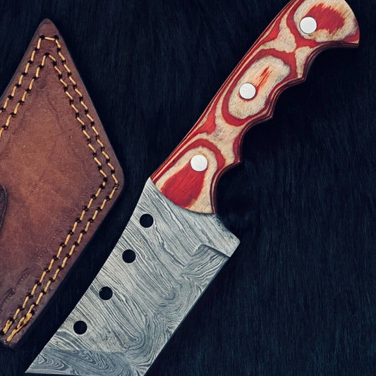 Heritage Forge 8.5 Inch Damascus Steel Tanto Cleaver Knife with Camel Bone and Wood Handle