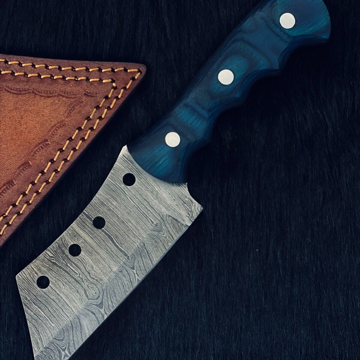 Heritage Forge 8.5 Inch Damascus Tanto Cleaver Knife with Camel Bone and Wood Handle