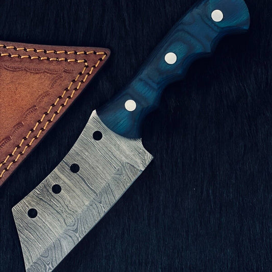 Heritage Forge 8.5 Inch Damascus Tanto Cleaver Knife with Camel Bone and Wood Handle