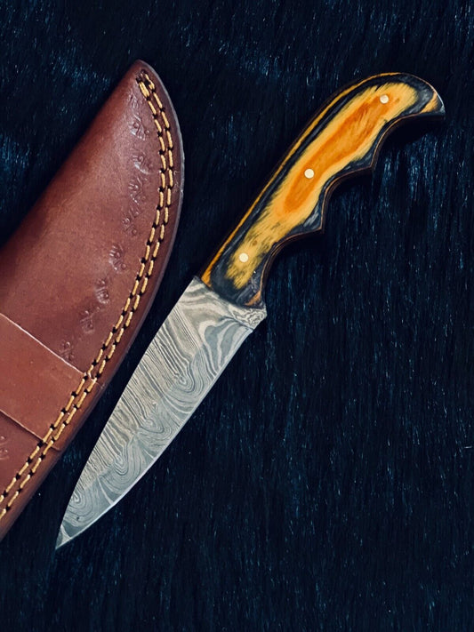 Heritage Forge 8.5 Inch Fire Damascus Skinner Knife with Wood Handle