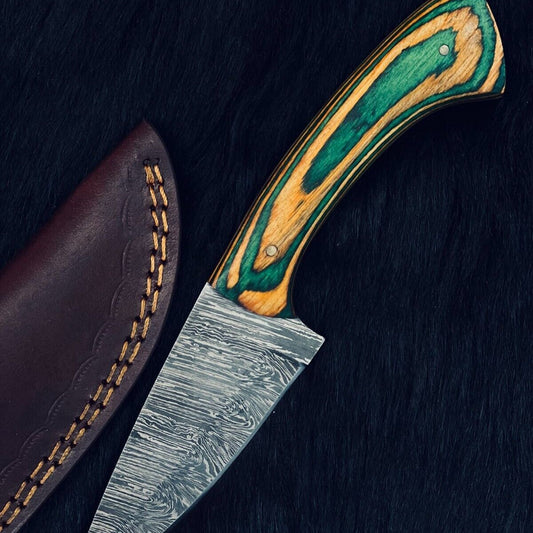 Heritage Forge 8.5 Inch Twist Damascus Skinner Knife with Camel Bone and Wood Handle