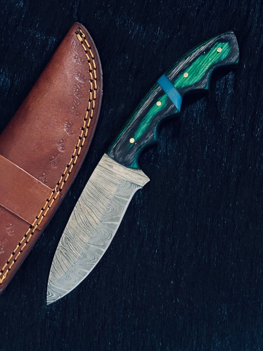 Heritage Forge 8.75 Inch Ladder Damascus Hunting Knife with Camel Bone and Wood Handle