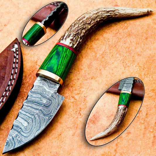 Heritage Forge 8" Damascus Steel Hunting Knife with Stag Antler and Hardwood Handle