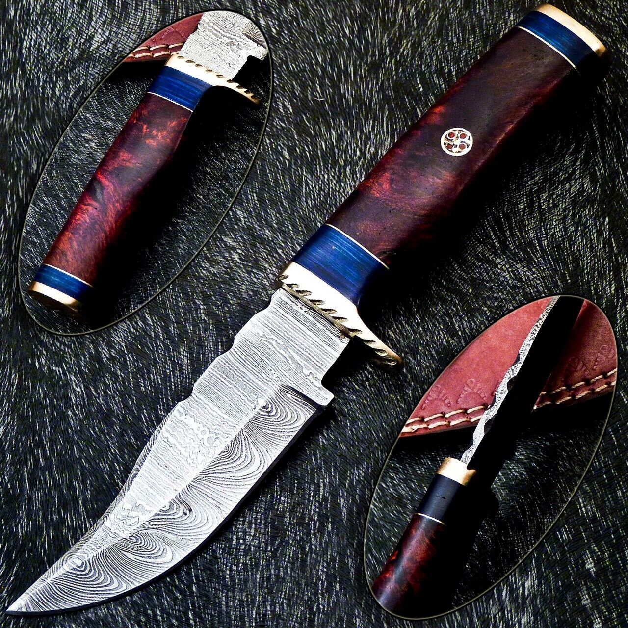 Heritage Forge 8 Inch Damascus Bowie Knife with Natural Wood Handle and Brass Bolster