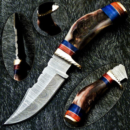 Heritage Forge 8 Inch Damascus Steel Bowie Camping Hunting Knife with Ram Horn and Hardwood Handle