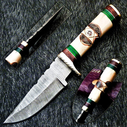 Heritage Forge 8 Inch Damascus Steel Camping Hunting Knife with Engraved Camel Bone Handle