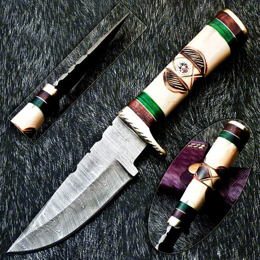Heritage Forge 8 Inch Damascus Steel Camping Hunting Knife with Engraved Camel Bone Handle