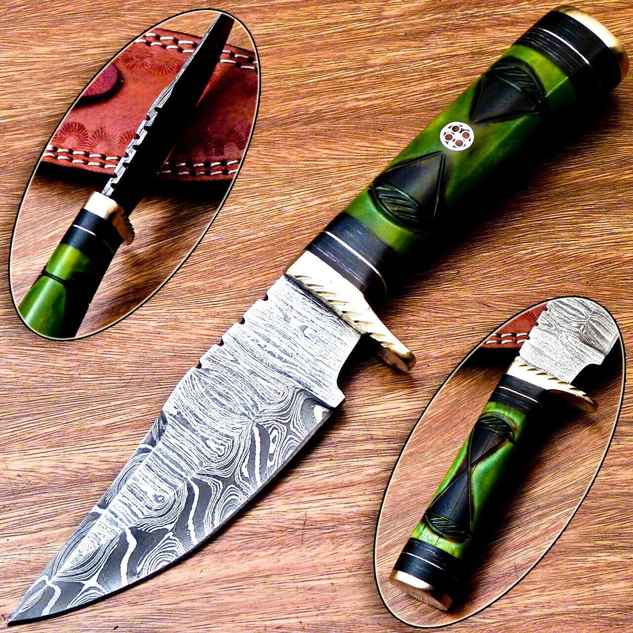 Heritage Forge 8 Inch Damascus Steel Hunting Knife with Engraved Camel Bone Handle