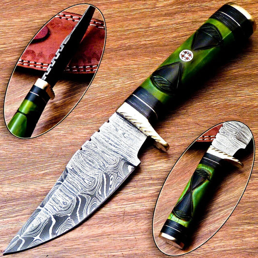 Heritage Forge 8 Inch Damascus Steel Hunting Knife with Engraved Camel Bone Handle