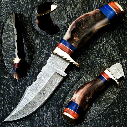 Heritage Forge 8 Inch Damascus Steel Hunting Knife with Ram Horn and Hardwood Handle