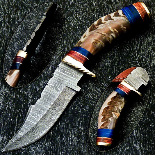 Heritage Forge 8 Inch Damascus Steel Hunting Knife with Ram Horn and Wood Handle