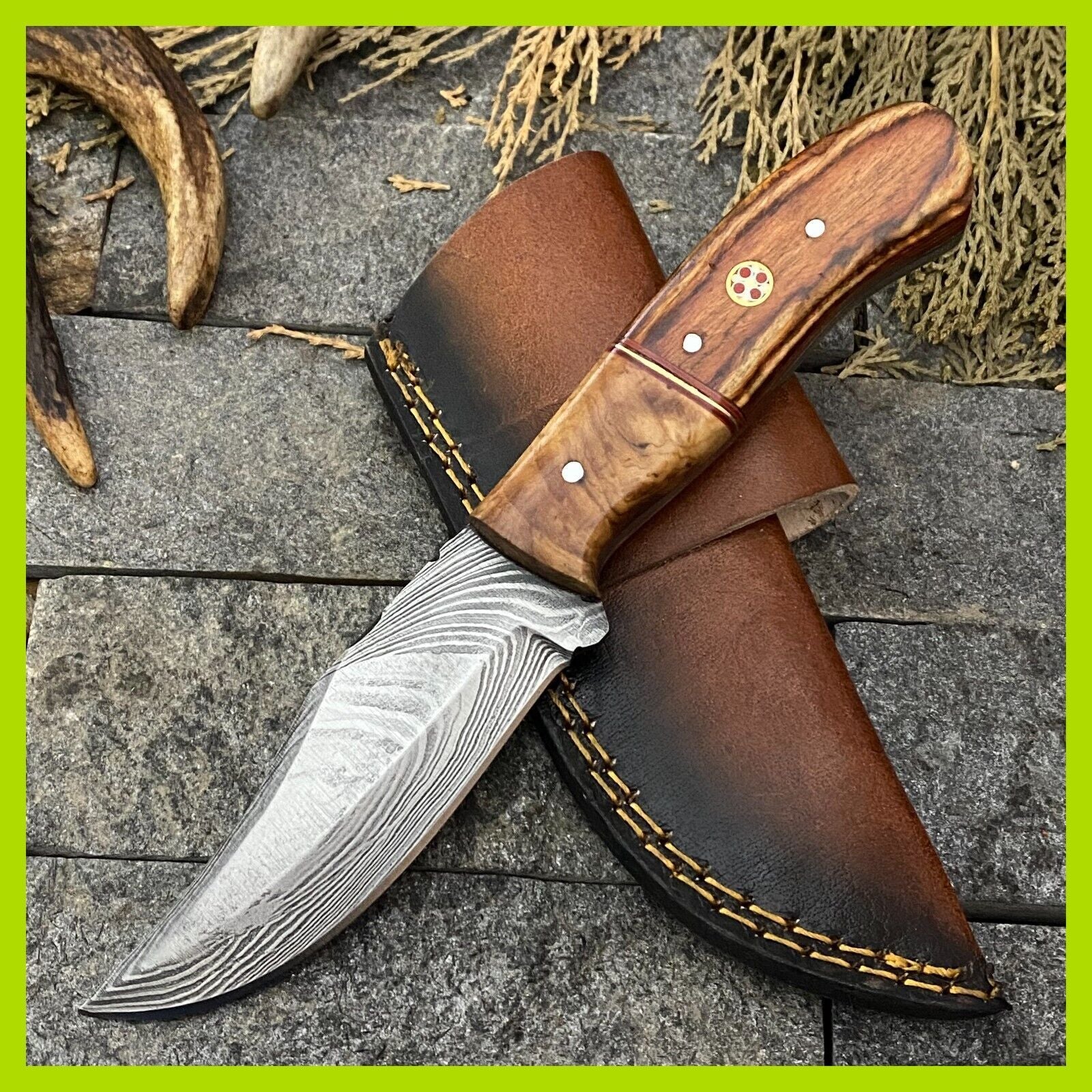 Heritage Forge 8 Inch Damascus Steel Skinner Hunting Knife with Wood Handle and Sheath