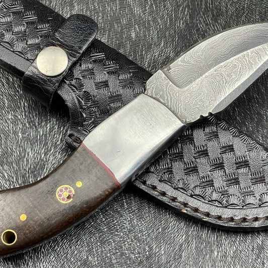 Heritage Forge 8 Inch Damascus Steel Skinning Bowie Knife with Hardwood Handle